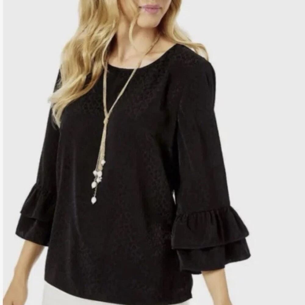 Lilly Pulitzer Christie Flounce Blouse‎ XXS Black Onyx Tonal Leopard Jacquard